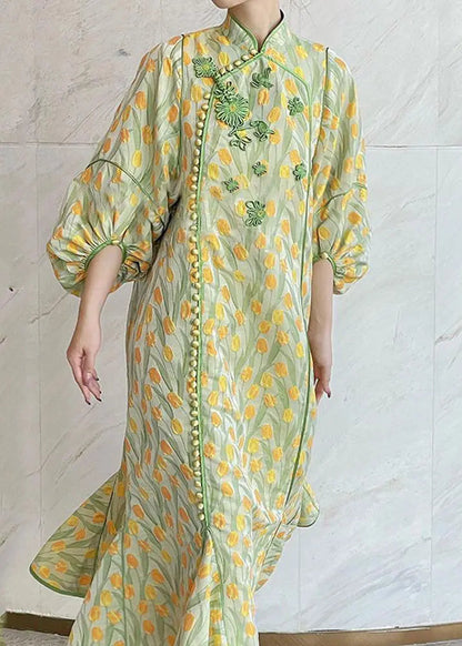 Elegant Yellow Green Embroidered Button Silk Maxi Dresses Fall Ada Fashion