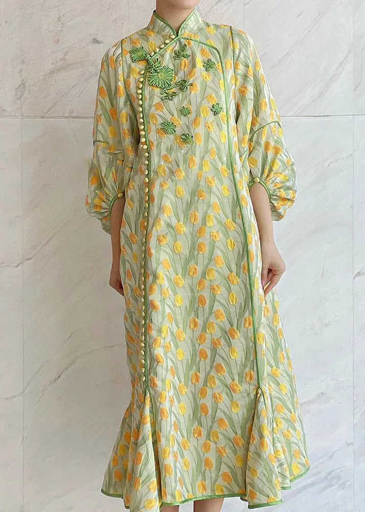 Elegant Yellow Green Embroidered Button Silk Maxi Dresses Fall Ada Fashion