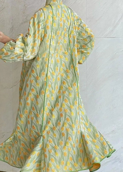 Elegant Yellow Green Embroidered Button Silk Maxi Dresses Fall Ada Fashion