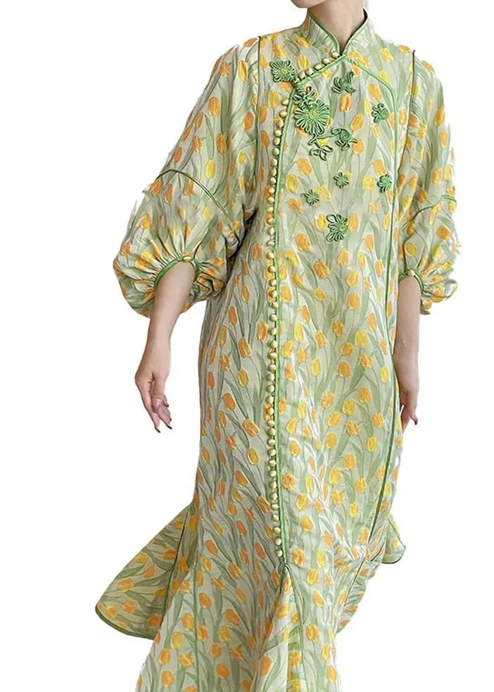 Elegant Yellow Green Embroidered Button Silk Maxi Dresses Fall Ada Fashion