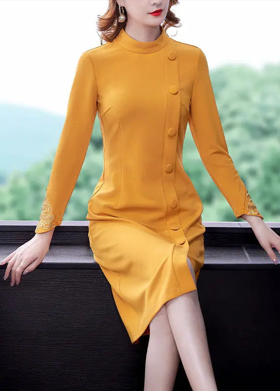 Elegant Yellow O-Neck Embroidered Button Maxi Dress Fall Ada Fashion