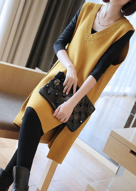 Elegant Yellow Oversized Side Open Knit Long Vests Sleeveless LY1457 - fabuloryshop