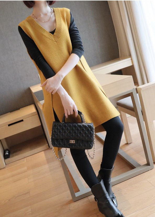 Elegant Yellow Oversized Side Open Knit Long Vests Sleeveless LY1457 - fabuloryshop