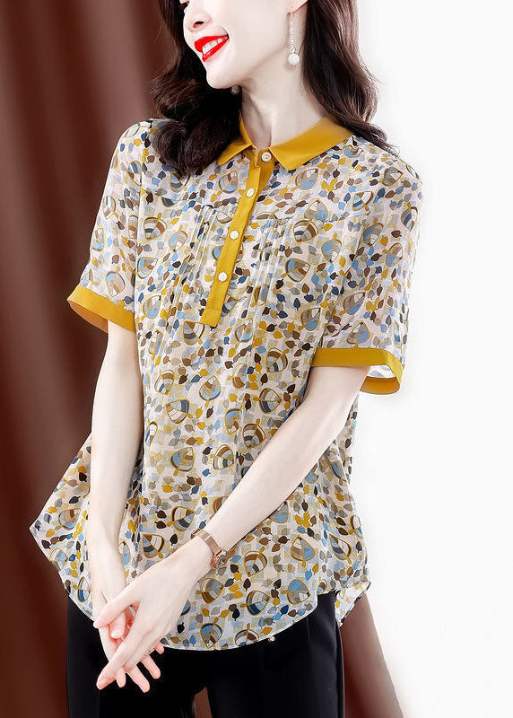 Elegant Yellow Peter Pan Collar Print Wrinkled Chiffon Blouses Summer TH1021 - fabuloryshop