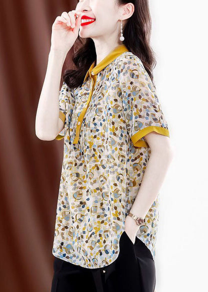 Elegant Yellow Peter Pan Collar Print Wrinkled Chiffon Blouses Summer TH1021 - fabuloryshop