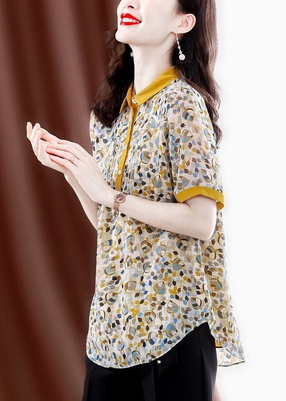 Elegant Yellow Peter Pan Collar Print Wrinkled Chiffon Blouses Summer TH1021 - fabuloryshop