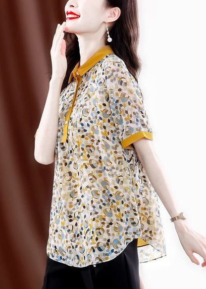 Elegant Yellow Peter Pan Collar Print Wrinkled Chiffon Blouses Summer TH1021 - fabuloryshop