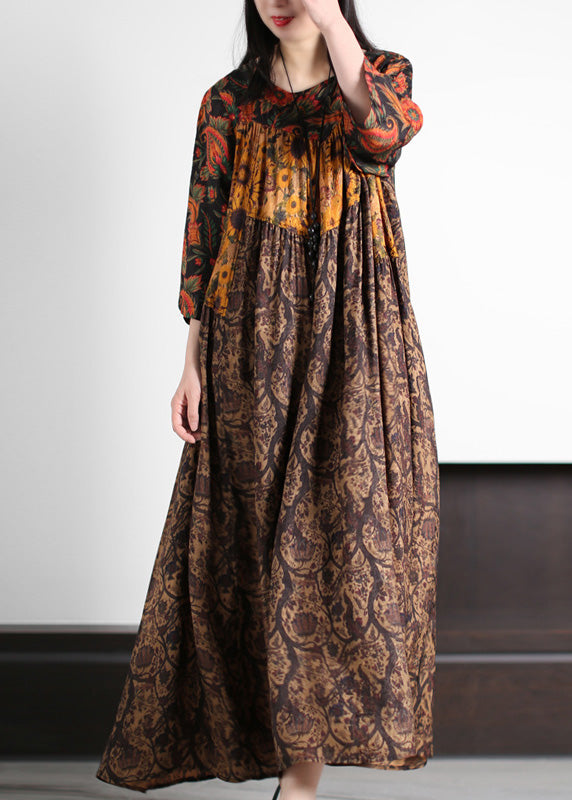 Elegant Yellow Print Wrinkled Silk Long Dress Summer LY5133 - fabuloryshop