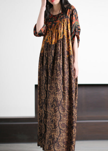 Elegant Yellow Print Wrinkled Silk Long Dress Summer LY5133 - fabuloryshop