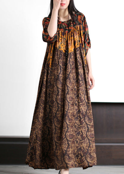 Elegant Yellow Print Wrinkled Silk Long Dress Summer LY5133 - fabuloryshop