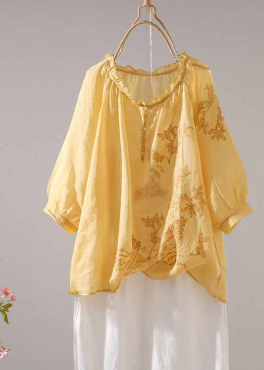 Elegant Yellow Ruffled Patchwork Linen T Shirt Tops Summer LY0615 - fabuloryshop