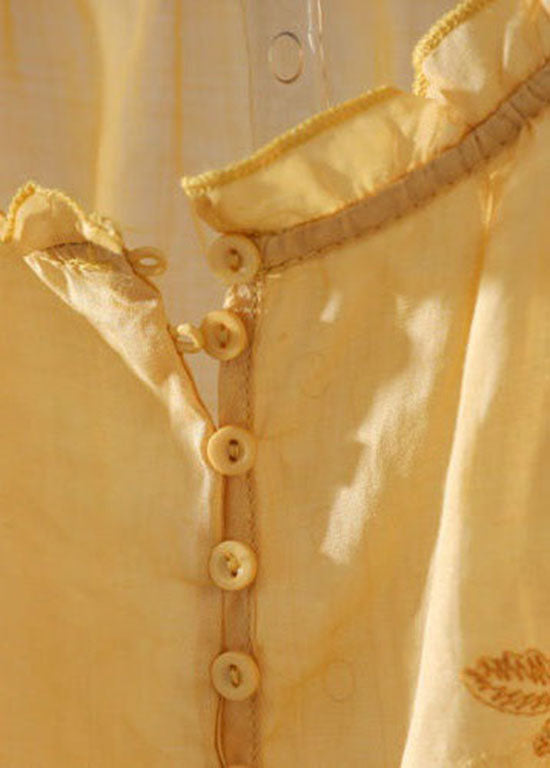 Elegant Yellow Ruffled Patchwork Linen T Shirt Tops Summer LY0615 - fabuloryshop