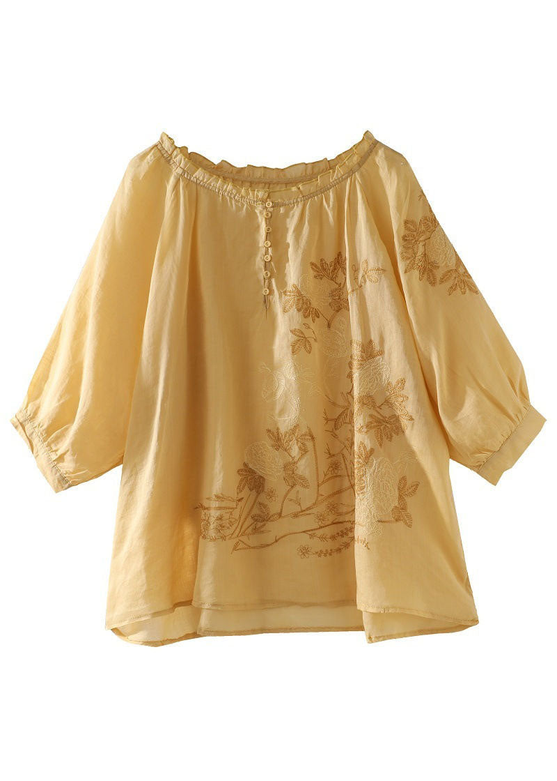 Elegant Yellow Ruffled Patchwork Linen T Shirt Tops Summer LY0615 - fabuloryshop