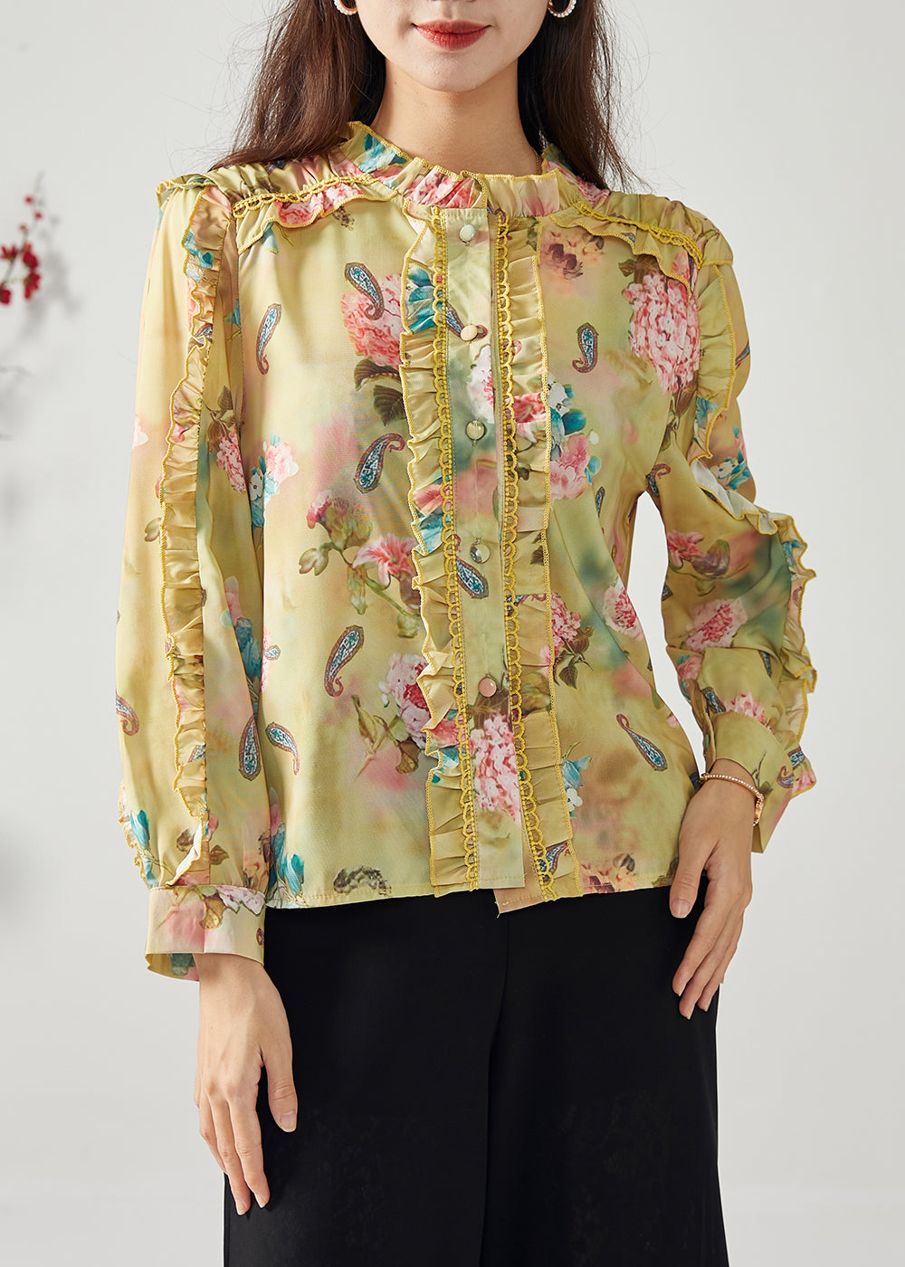 Elegant Yellow Ruffled Patchwork Print Chiffon Top Spring LC0387 - fabuloryshop