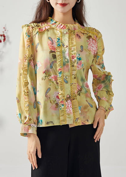 Elegant Yellow Ruffled Patchwork Print Chiffon Top Spring LY1117 - fabuloryshop