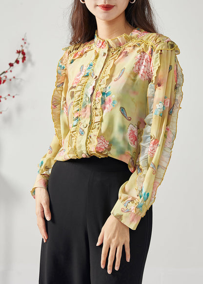 Elegant Yellow Ruffled Patchwork Print Chiffon Top Spring LC0387 - fabuloryshop