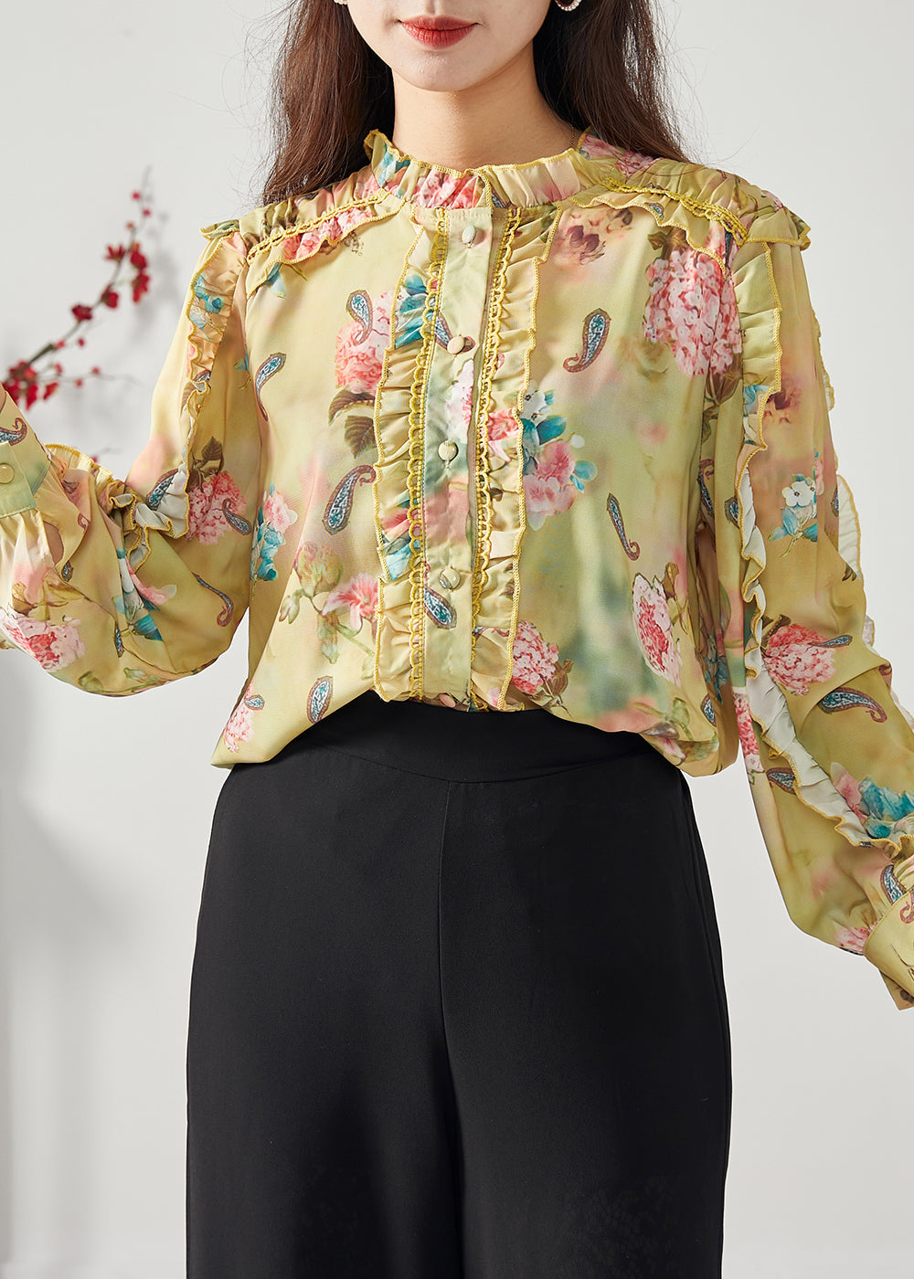 Elegant Yellow Ruffled Patchwork Print Chiffon Top Spring LC0387 - fabuloryshop