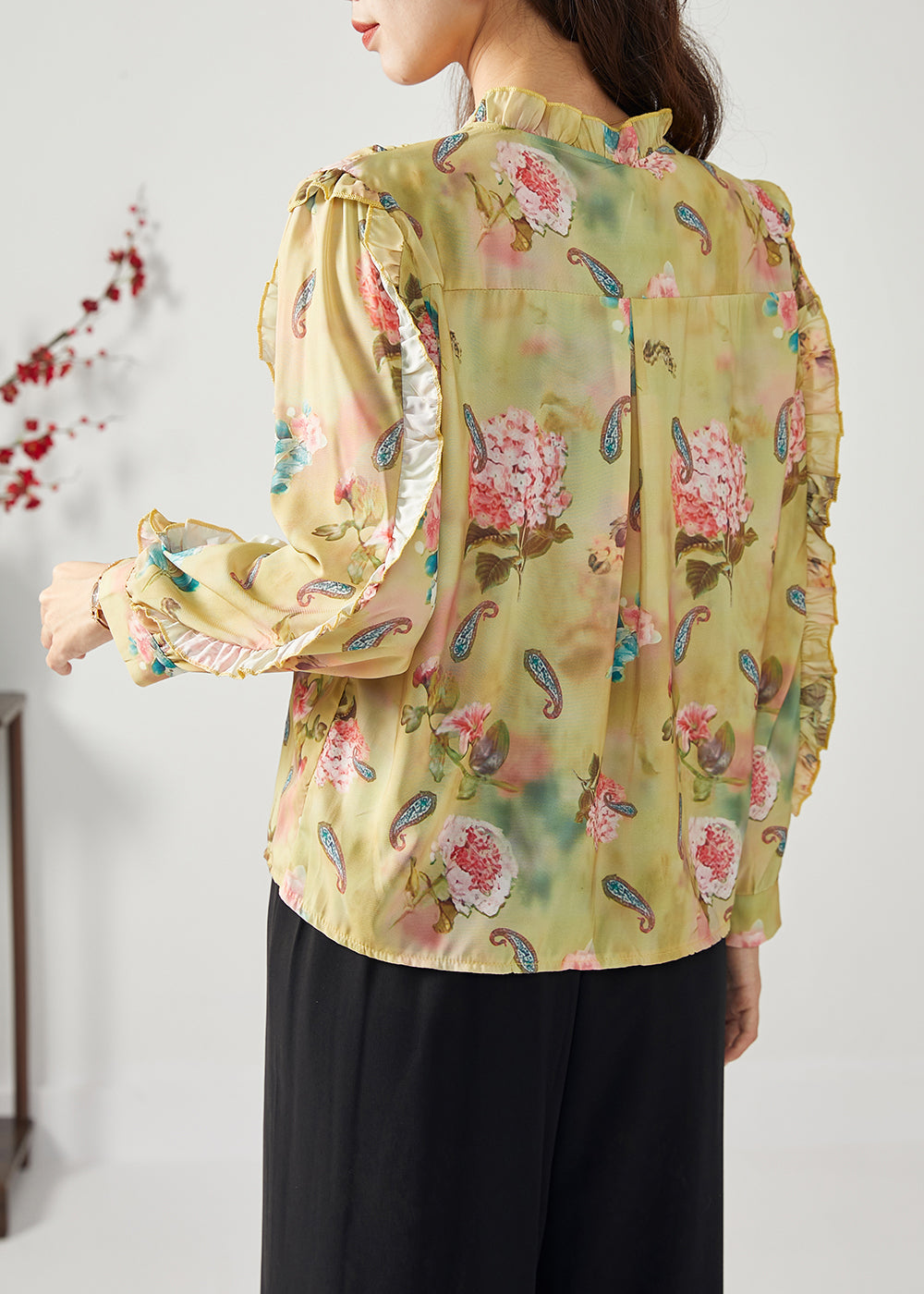 Elegant Yellow Ruffled Patchwork Print Chiffon Top Spring LC0387 - fabuloryshop