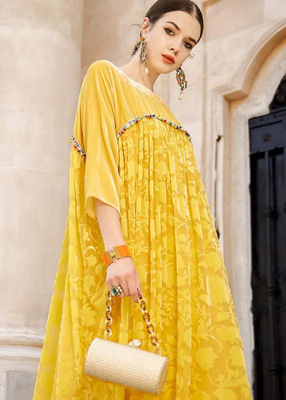 Elegant Yellow Square Collar Patchwork Silk Velour Maxi Dress Bracelet Sleeve Ada Fashion