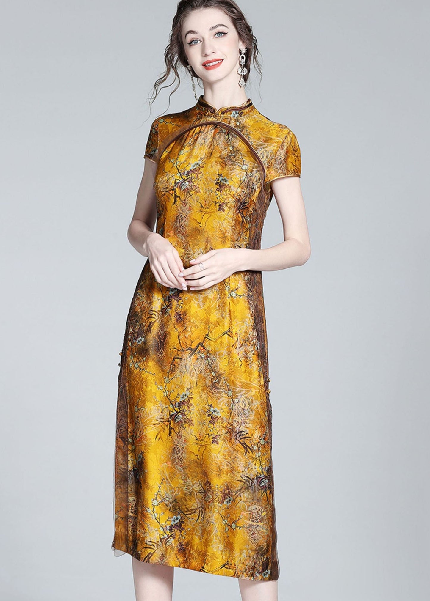 Elegant Yellow Stand Collar Patchwork Side Open Silk Dress Summer LY0146 - fabuloryshop