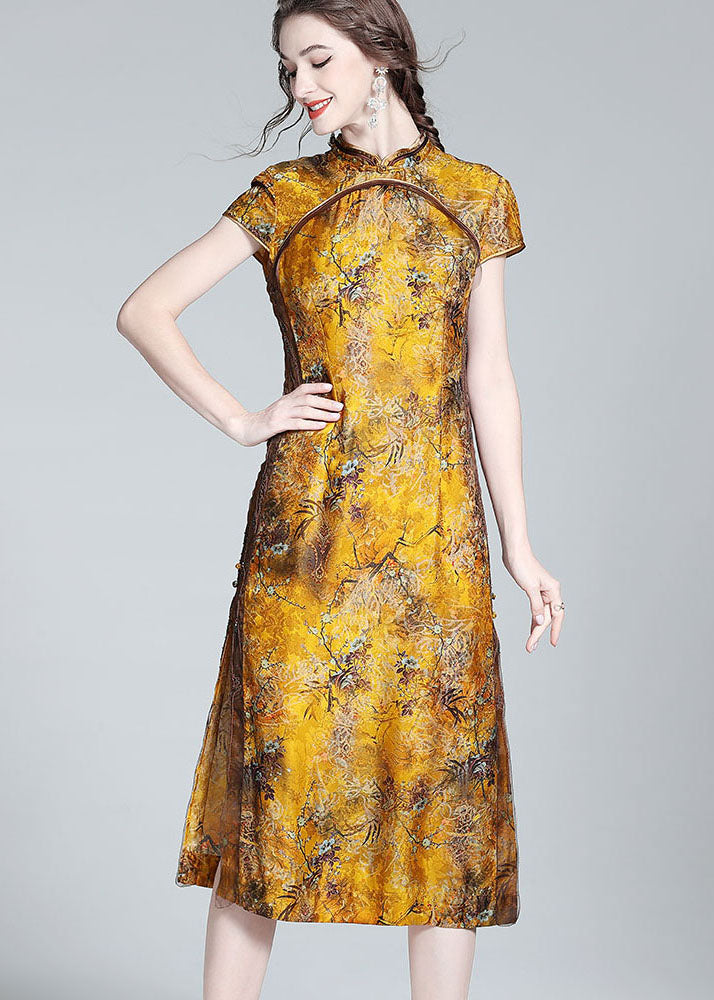 Elegant Yellow Stand Collar Patchwork Side Open Silk Dress Summer LY0146 - fabuloryshop