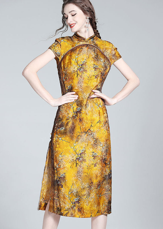 Elegant Yellow Stand Collar Patchwork Side Open Silk Dress Summer LY0146 - fabuloryshop