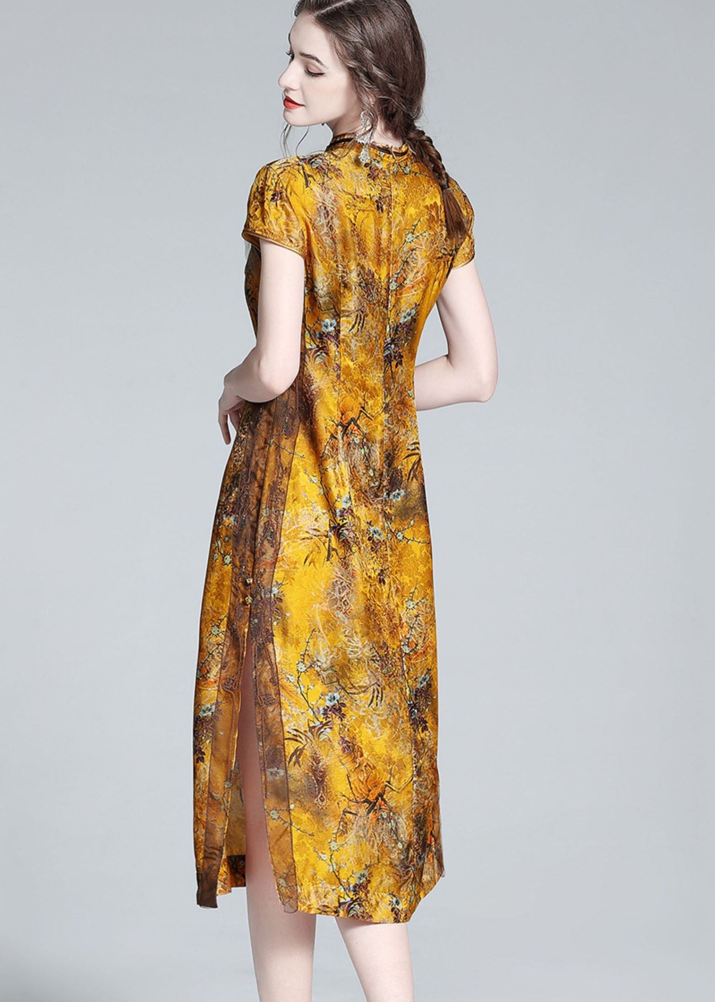 Elegant Yellow Stand Collar Patchwork Side Open Silk Dress Summer LY0146 - fabuloryshop