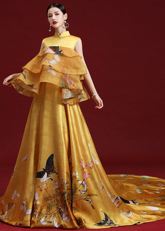 Elegant Yellow Stand Collar Print Ruffled Silk Maxi Dresses Sleeveless Ada Fashion