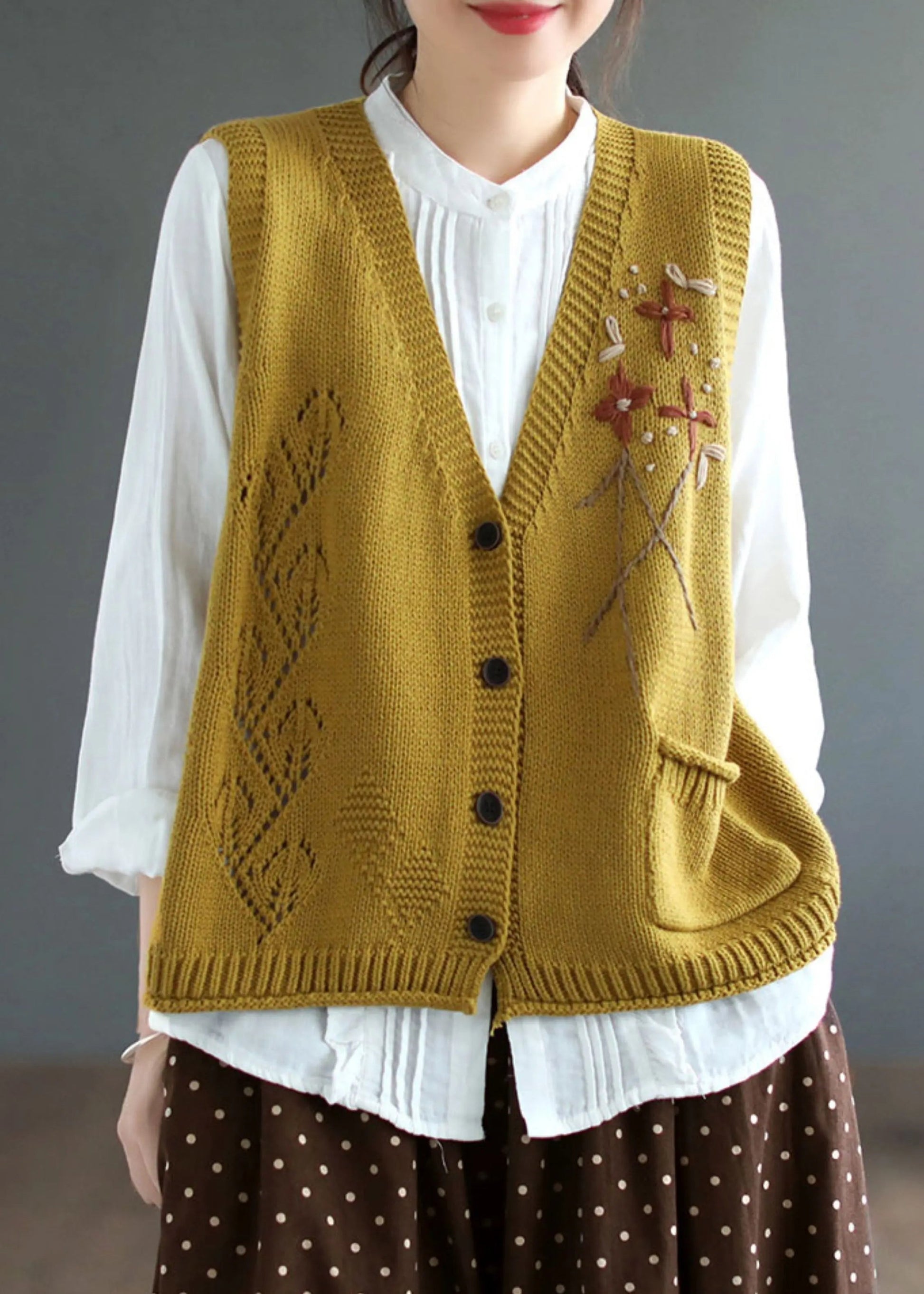 Elegant Yellow V Neck Button Patchwork Cotton Knit Waistcoat Sleeveless Ada Fashion