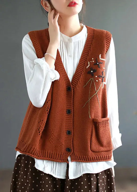 Elegant Yellow V Neck Button Patchwork Cotton Knit Waistcoat Sleeveless Ada Fashion