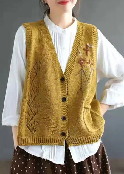 Elegant Yellow V Neck Button Patchwork Cotton Knit Waistcoat Sleeveless Ada Fashion