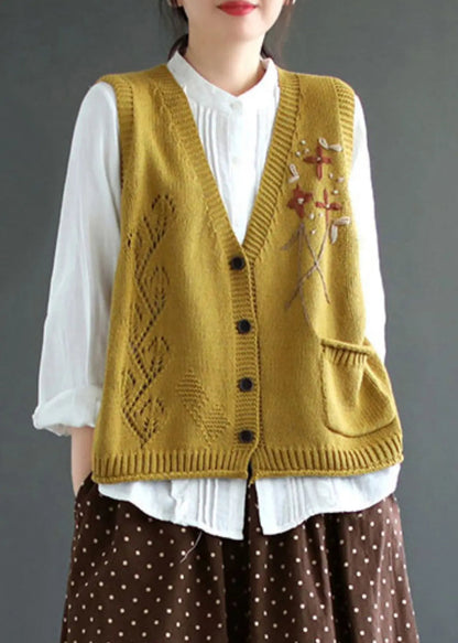 Elegant Yellow V Neck Button Patchwork Cotton Knit Waistcoat Sleeveless Ada Fashion