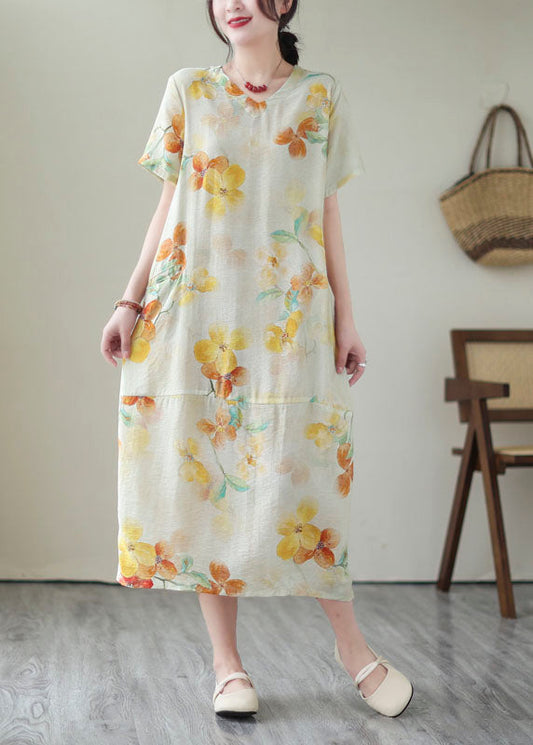 Elegant Yellow V Neck Print Patchwork Cotton Dress Summer LY5271 - fabuloryshop