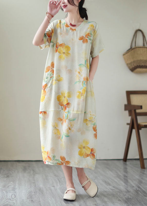 Elegant Yellow V Neck Print Patchwork Cotton Dress Summer LY5271 - fabuloryshop