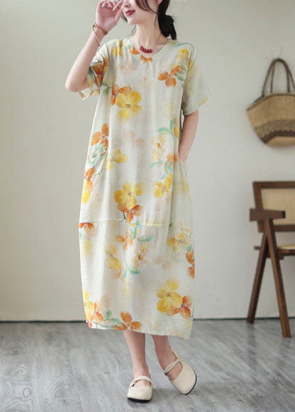 Elegant Yellow V Neck Print Patchwork Cotton Dress Summer LY5271 - fabuloryshop