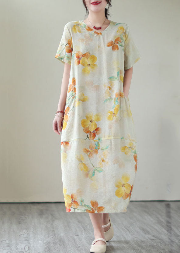 Elegant Yellow V Neck Print Patchwork Cotton Dress Summer LY5271 - fabuloryshop