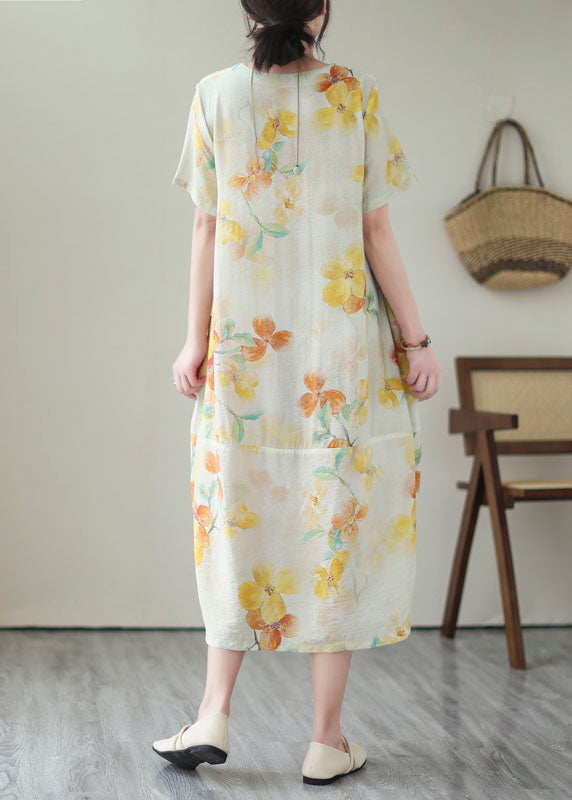 Elegant Yellow V Neck Print Patchwork Cotton Dress Summer LY5271 - fabuloryshop