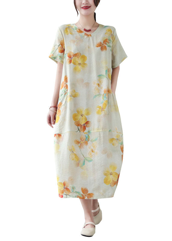 Elegant Yellow V Neck Print Patchwork Cotton Dress Summer LY5271 - fabuloryshop