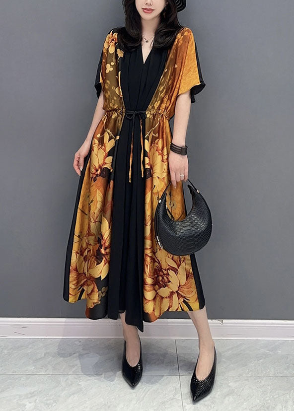 Elegant Yellow V Neck Print Wrinkled Drawstring Patchwork Silk Dress Summer LY5736 - fabuloryshop