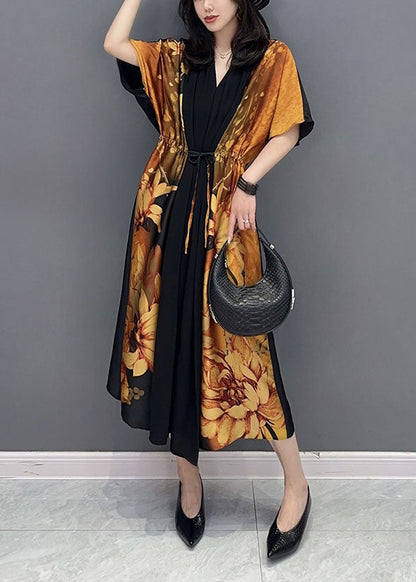 Elegant Yellow V Neck Print Wrinkled Drawstring Patchwork Silk Dress Summer LY5736 - fabuloryshop