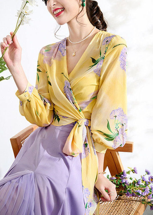 Elegant Yellow V Neck Wrinkled Print Patchwork Chiffon Top Spring LY3856 - fabuloryshop