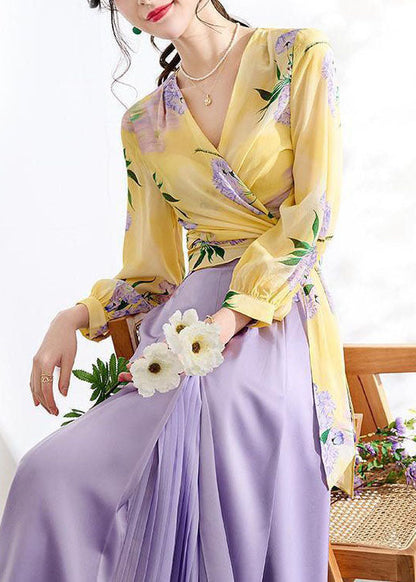 Elegant Yellow V Neck Wrinkled Print Patchwork Chiffon Top Spring LY3856 - fabuloryshop