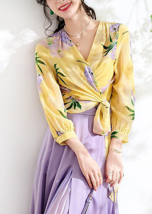 Elegant Yellow V Neck Wrinkled Print Patchwork Chiffon Top Spring LY3856 - fabuloryshop