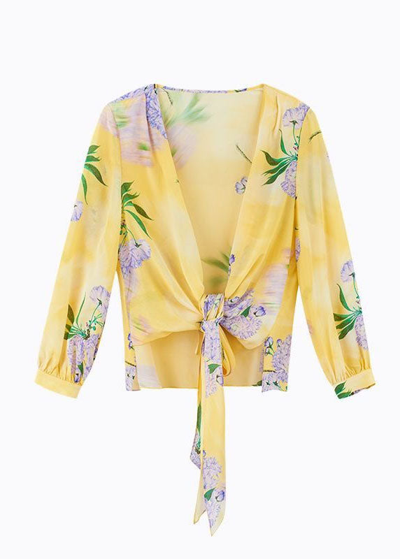 Elegant Yellow V Neck Wrinkled Print Patchwork Chiffon Top Spring LY3856 - fabuloryshop