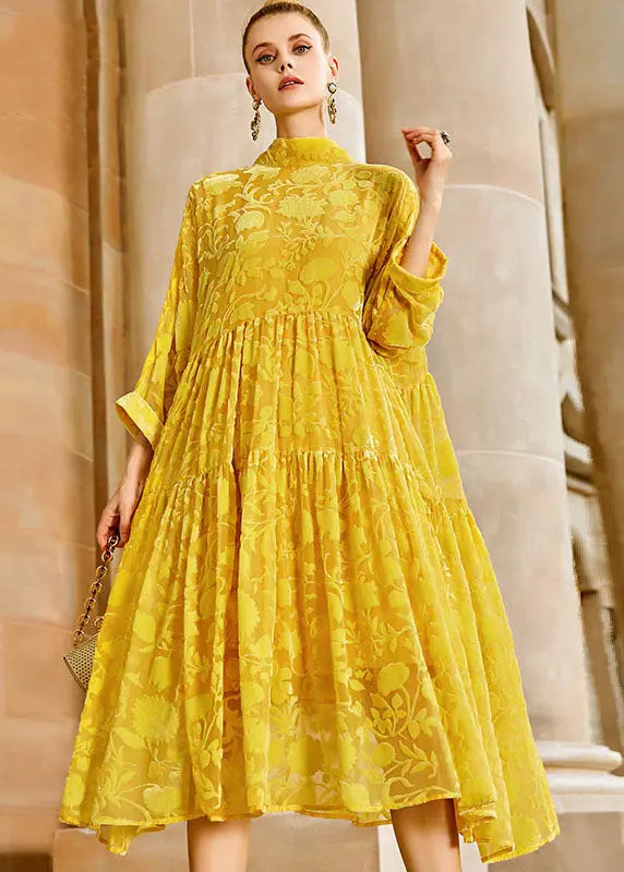 Elegant Yellow Wrinkled Bow Silk Velour Patchwork Long Dress Long Sleeve Ada Fashion