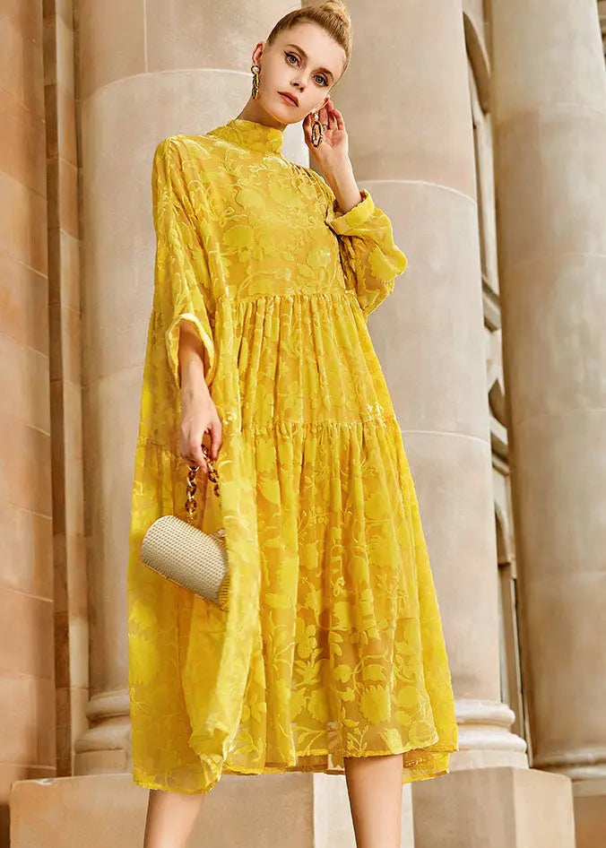 Elegant Yellow Wrinkled Bow Silk Velour Patchwork Long Dress Long Sleeve Ada Fashion