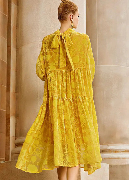 Elegant Yellow Wrinkled Bow Silk Velour Patchwork Long Dress Long Sleeve Ada Fashion