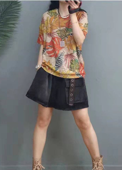 Elegant Print Cotton  Short Sleeve Tops - fabuloryshop