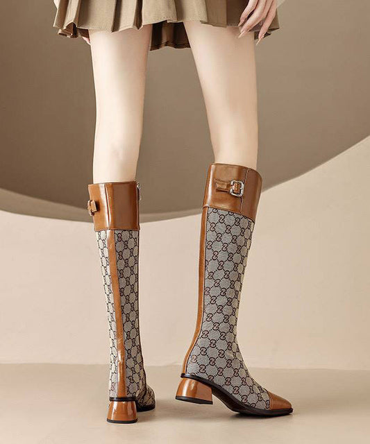 Brown Splicing Zippered Chunky Long Boots