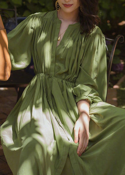 Fashio Green O-Neck Cinched Wrinkled Solid Chiffon Maxi Dress Spring LC0054 - fabuloryshop